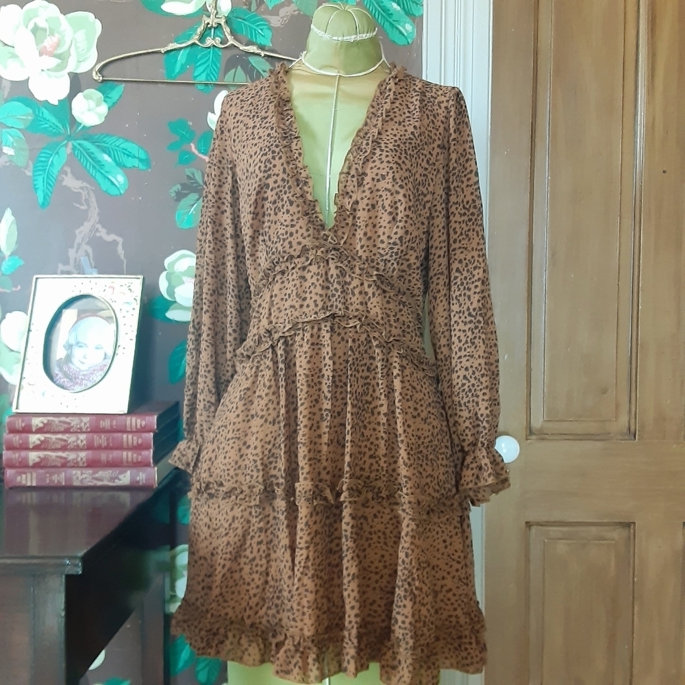 Leopard Print Ruffle Open Back Long Sleeve Dress | Size Large